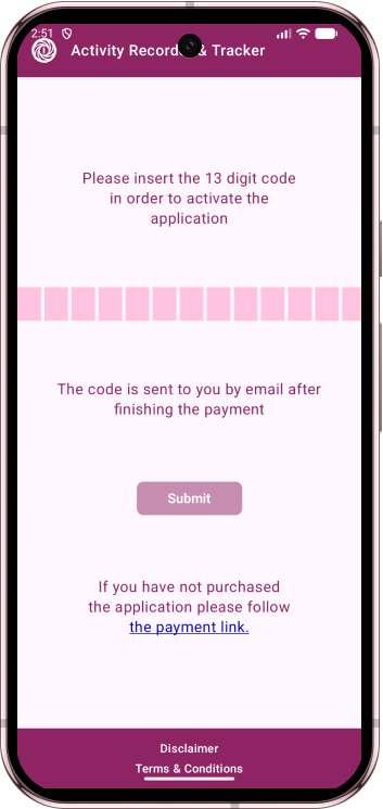 Activity Recorder & Tracker on a Pink Quartz phone — activation screen
