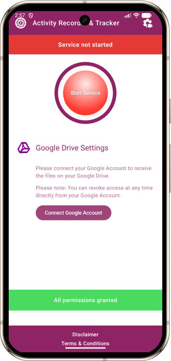 Activity Recorder & Tracker Porcelain phone screen showing Google Drive cloud sync