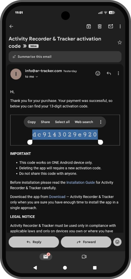Email containing the 13-digit activation code