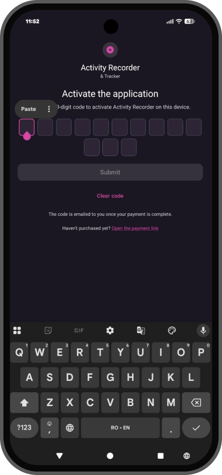 Activation screen with pasted code