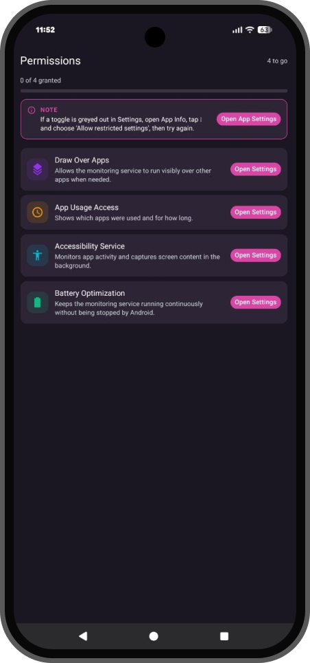 App permissions list screen