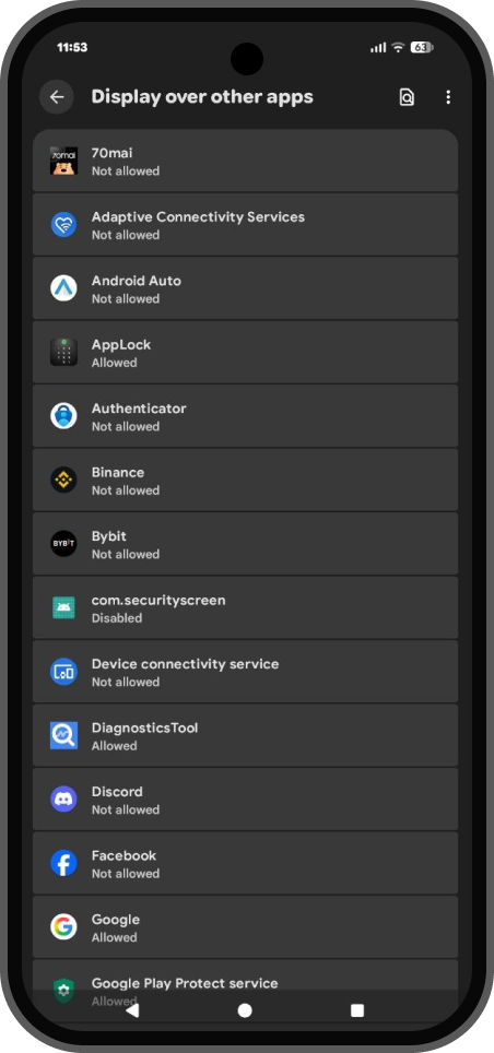 Display over other apps settings list