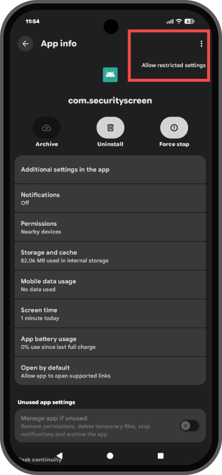 App info menu with Allow restricted settings