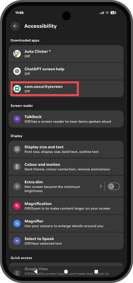 Accessibility downloaded apps list