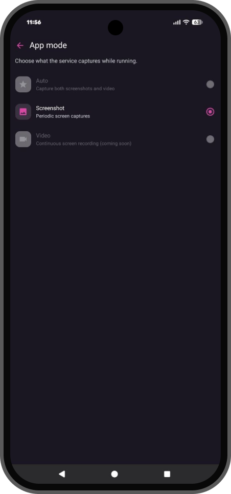 App mode screen with Screenshot selected