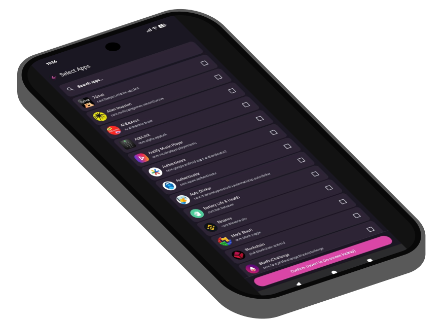 Isometric phone illustration of the Select Apps screen for in-app monitoring