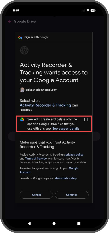 Google permission screen with Drive access checkbox highlighted