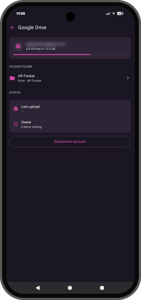 Google Drive successfully connected in the app