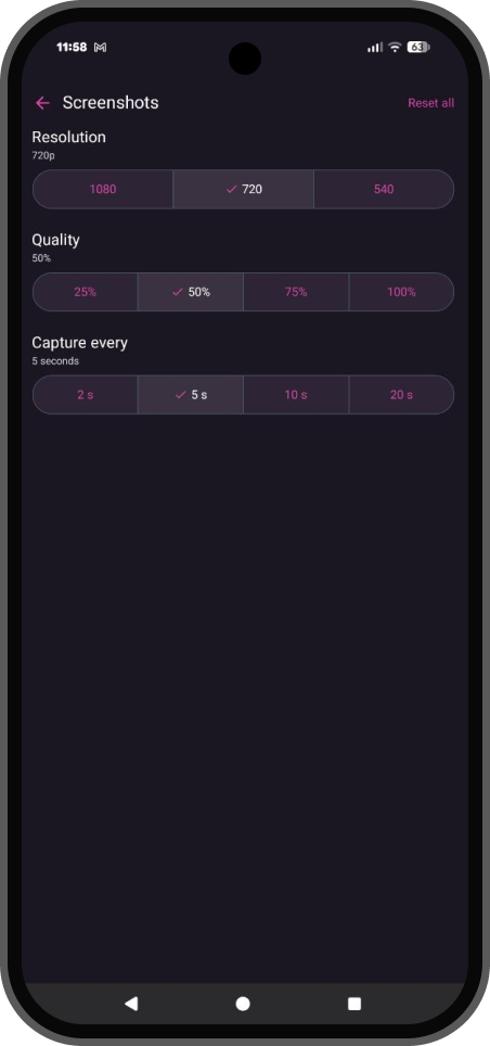 Screenshots settings for resolution quality and interval
