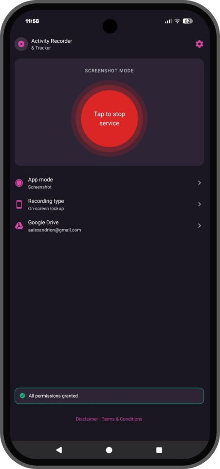 Main screen showing the monitoring service started