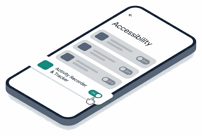 Isometric illustration of Android Accessibility settings showing Activity Recorder and Tracker toggled on