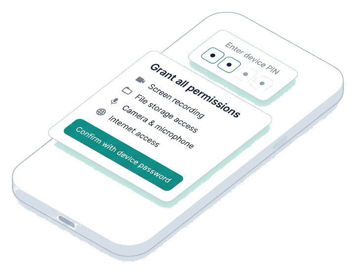 Isometric illustration of an Android one-step permission dialog with a device PIN prompt