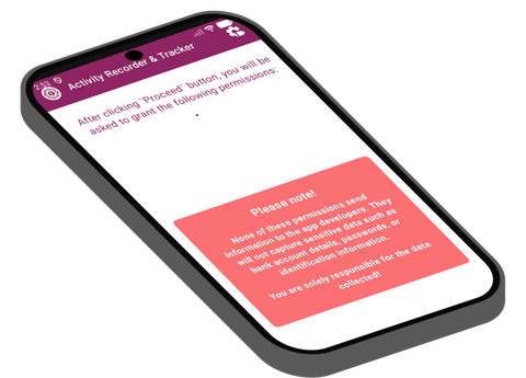 Isometric phone illustration: permission notice explaining that permissions do not send data to developers