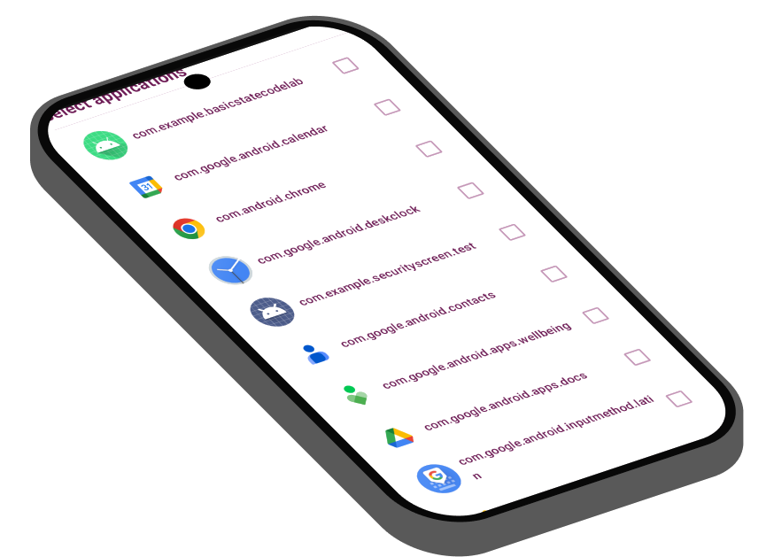 Isometric phone illustration showing a list of installed applications with selection checkboxes