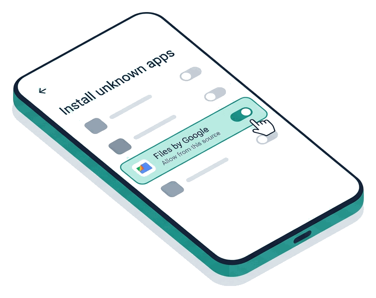 Isometric illustration of Android Install unknown apps settings with the Allow from this source toggle turned on