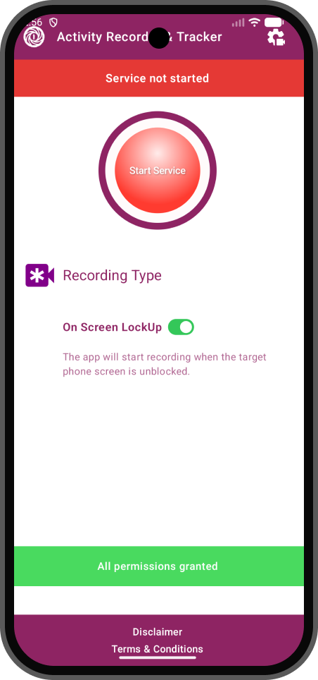 Activity Recorder & Tracker On Screen Unlock trigger screen showing Recording Type and All permissions granted
