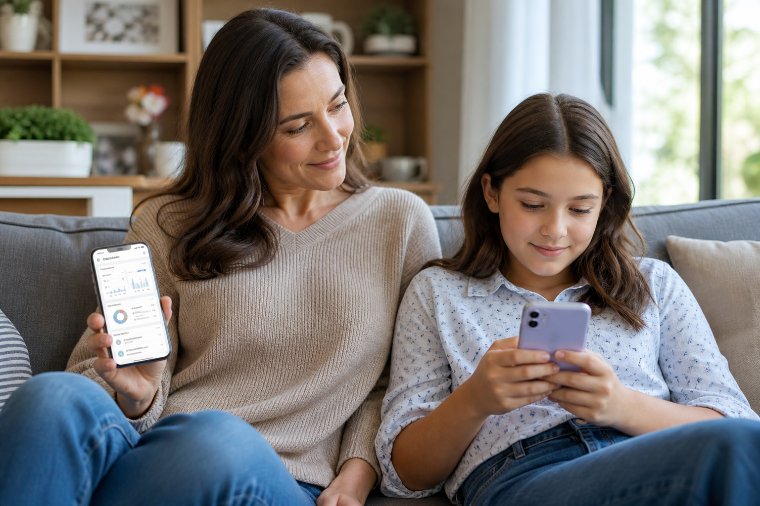 Parent supervising a child's phone use at home