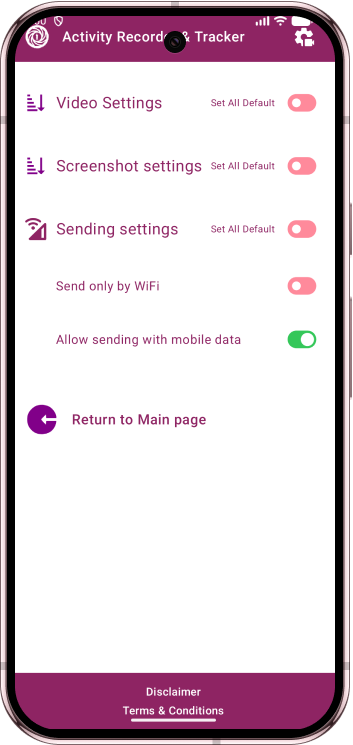 Activity Recorder & Tracker Sending settings screen with WiFi and mobile data options