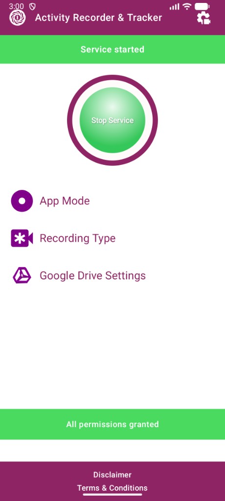 Activity Recorder & Tracker in-app settings for video, screenshot, and sending options