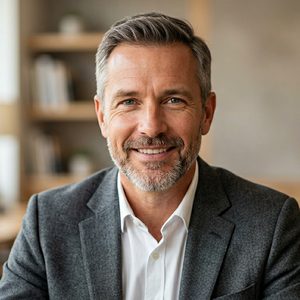 Mike, a small business owner wearing a charcoal blazer