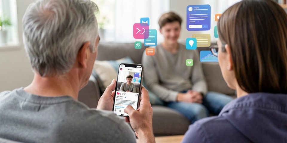 Parents reviewing a phone screen while a teen uses a device in the background, with abstract app and chart icons suggesting on-screen activity